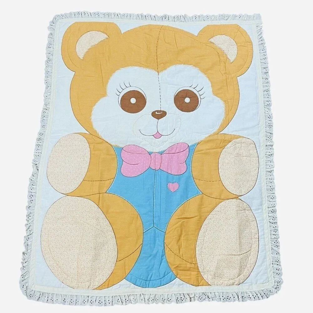 Vintage Quilted Teddy Bear Lace Trim Blanket 48 x 37 Nursery Baby Cute Kawaii